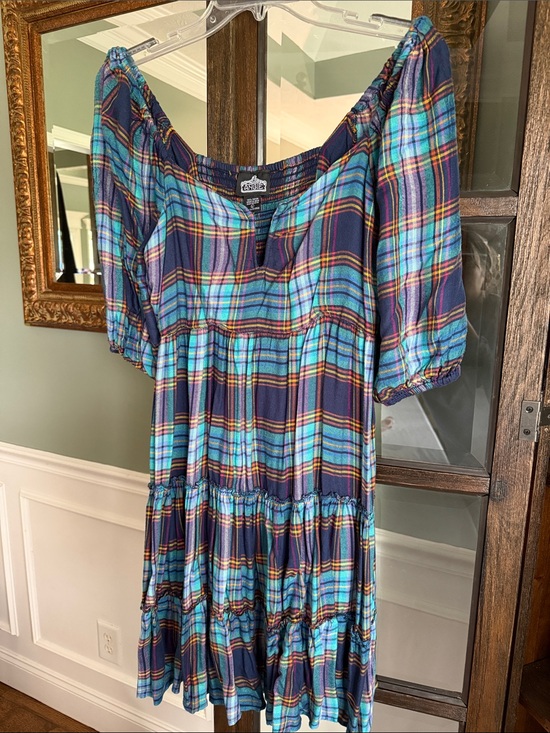 Angie Dresses & Skirts - Angie Plaid Tiered knee length Dress in Teal and Navy Size L